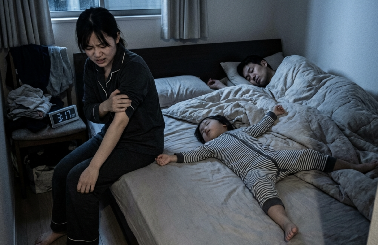 暗めの寝室で、子供に場所を取られて隅っこで寝ているお母さん